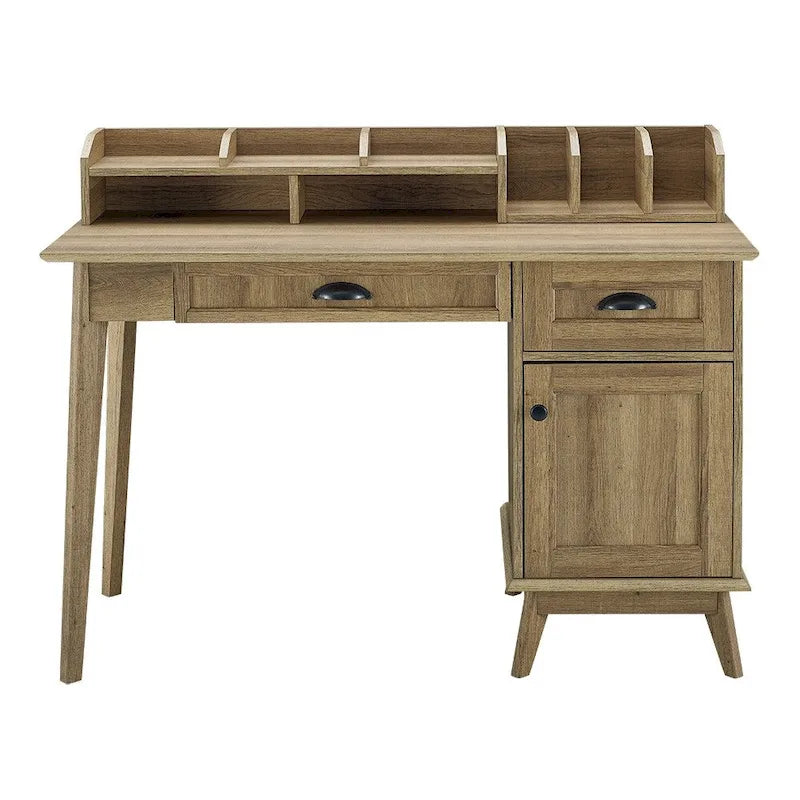 Scrivania con finitura rovere rustico, alzata, cassetti e mobile contenitore