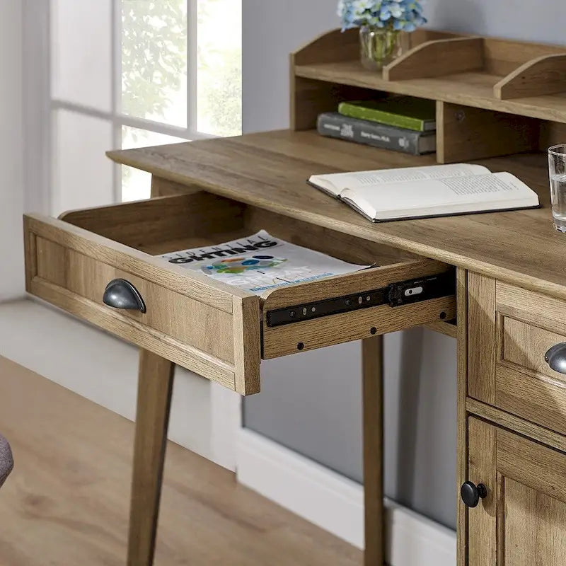 Scrivania con finitura rovere rustico, alzata, cassetti e mobile contenitore