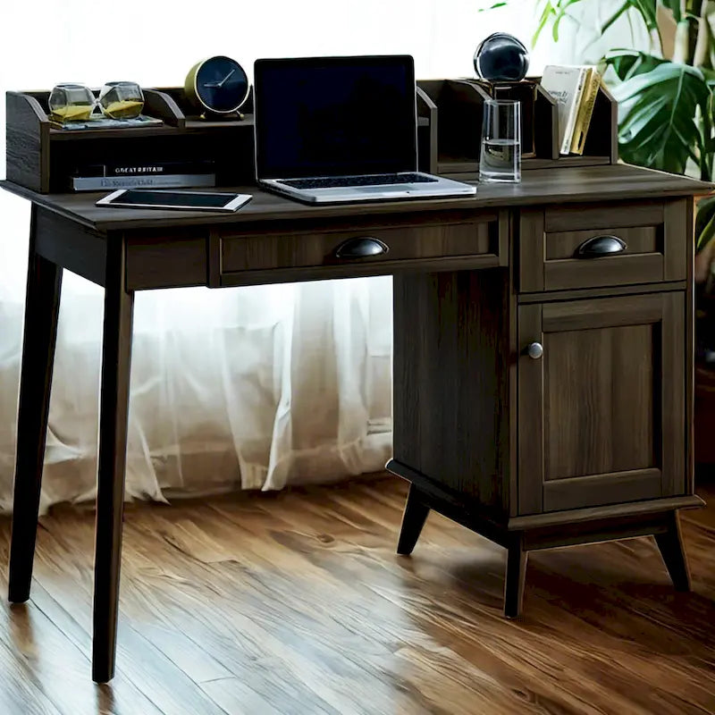 Scrivania con finitura rovere rustico, alzata, cassetti e mobile contenitore