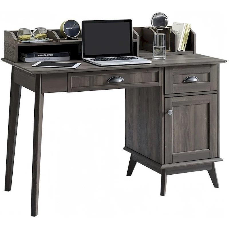 Scrivania con finitura rovere rustico, alzata, cassetti e mobile contenitore