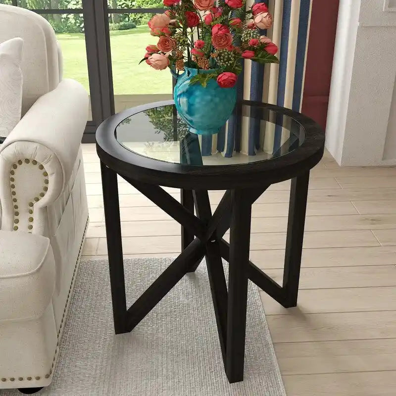 Modern Glass Coffee Table X-Cross Solid Wood Base End Table