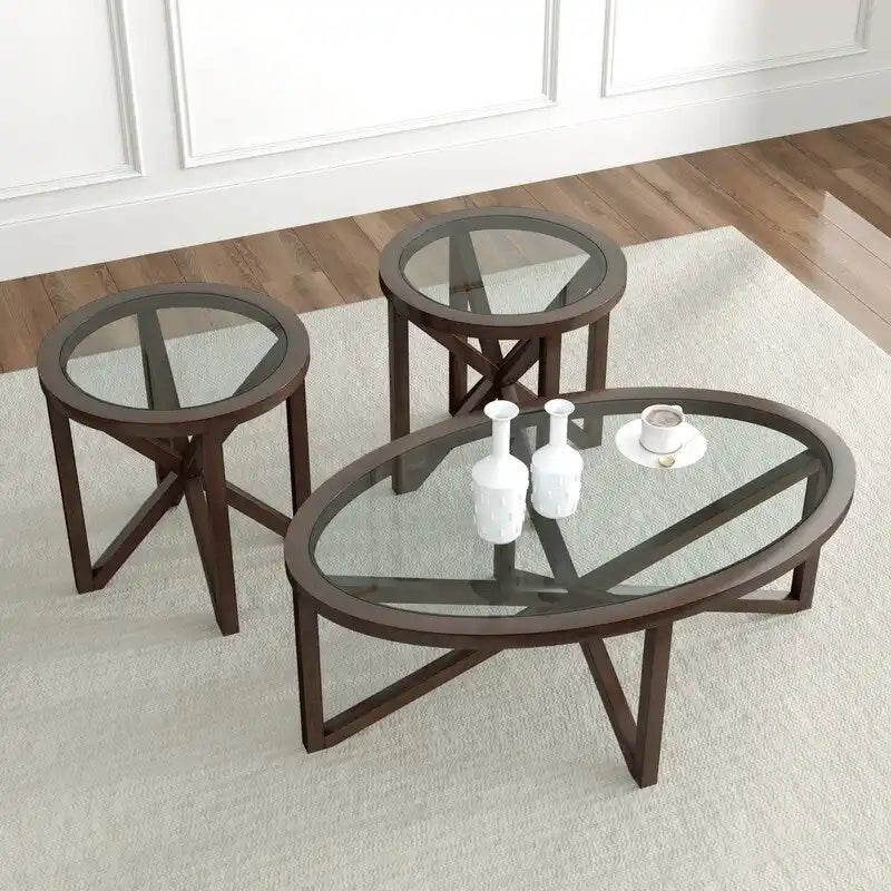 Modern Glass Coffee Table X-Cross Solid Wood Base End Table