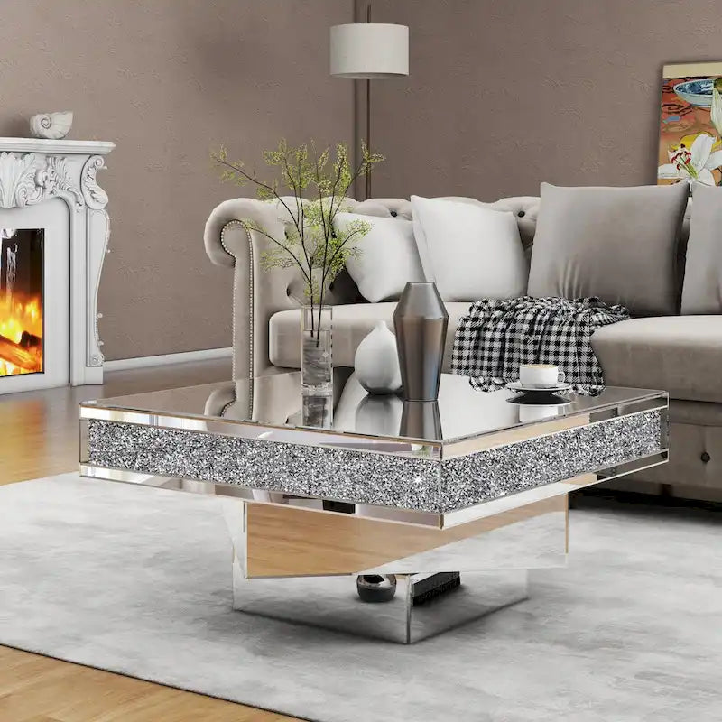 Glam Triple Mirror Diamond Coffee Table Accent Table