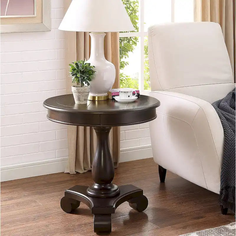 Espresso Round Wood Pedestal Side Table with Scrolled Legs