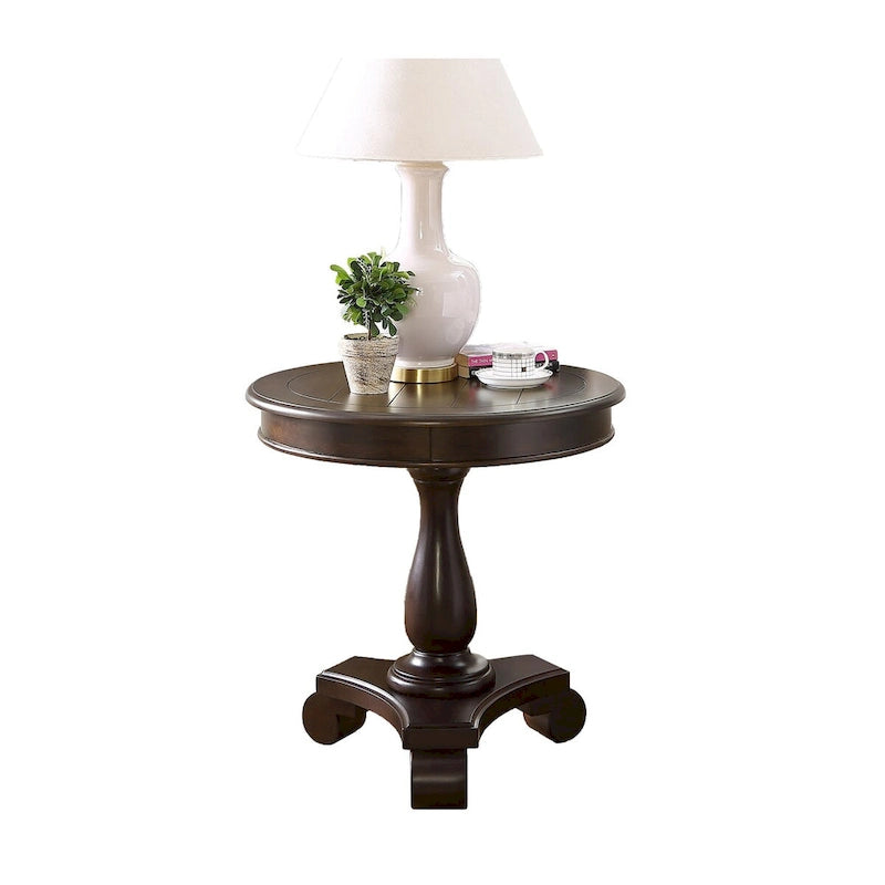 Espresso Round Wood Pedestal Side Table with Scrolled Legs