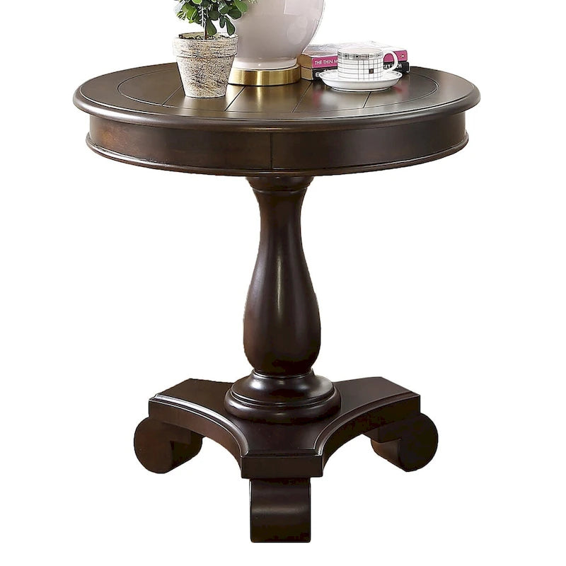 Espresso Round Wood Pedestal Side Table with Scrolled Legs
