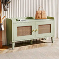 Sage Green Wooden Shoe Storage Bench with Rattan-Style Double Doors