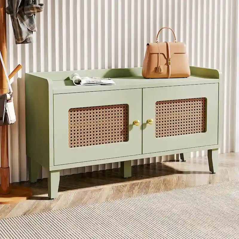 Sage Green Wooden Shoe Storage Bench with Rattan-Style Double Doors