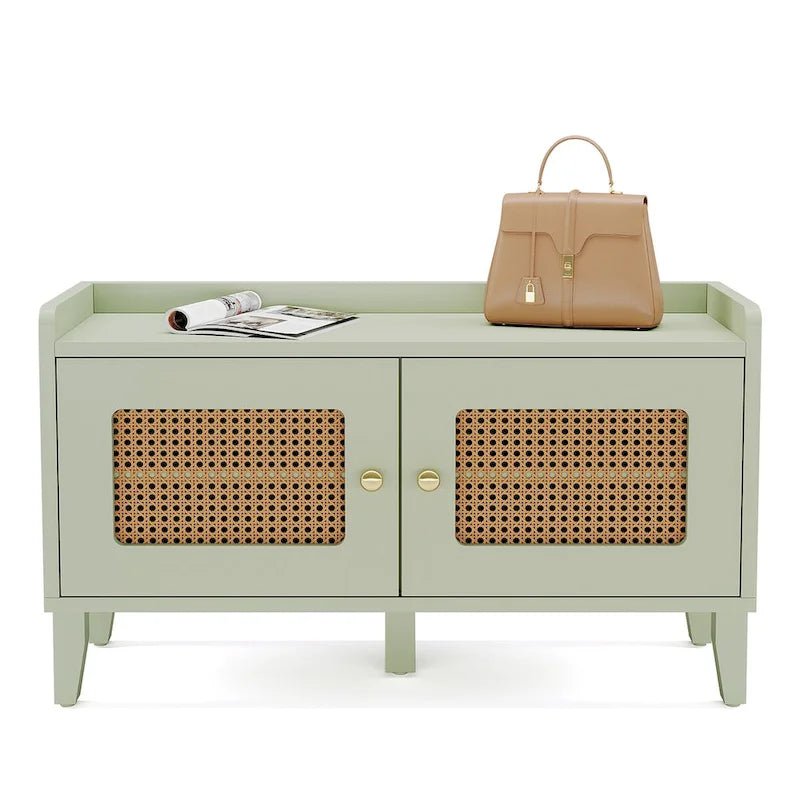 Sage Green Wooden Shoe Storage Bench with Rattan-Style Double Doors