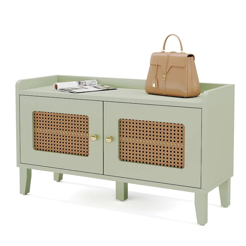 Sage Green Wooden Shoe Storage Bench with Rattan-Style Double Doors