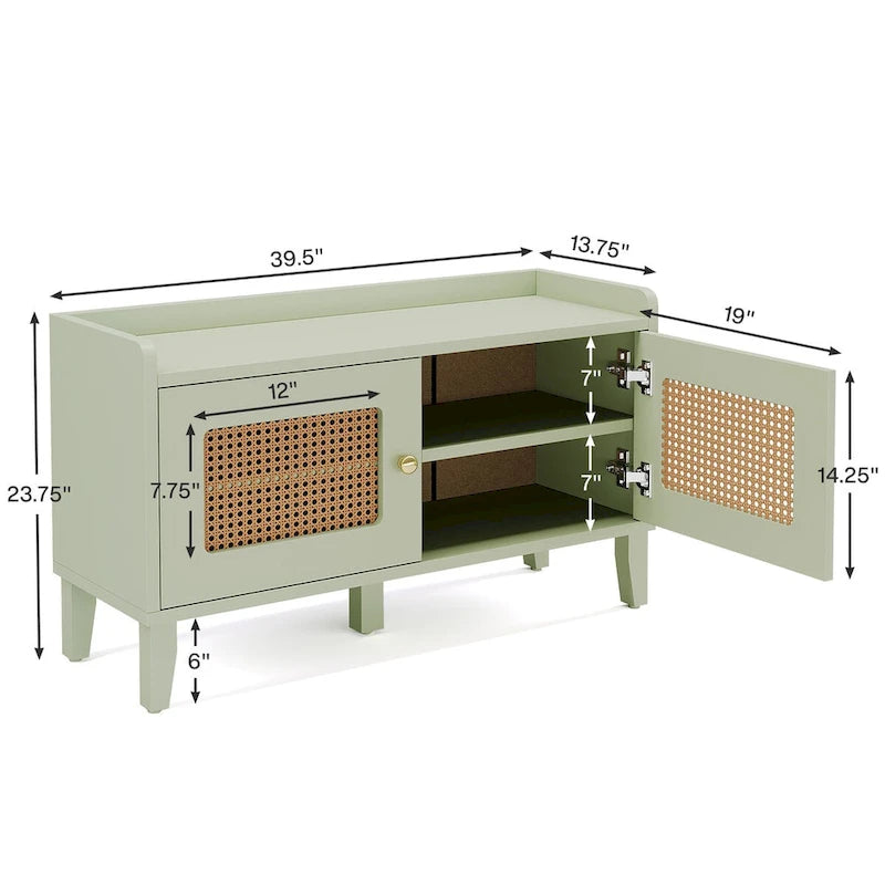 Sage Green Wooden Shoe Storage Bench with Rattan-Style Double Doors