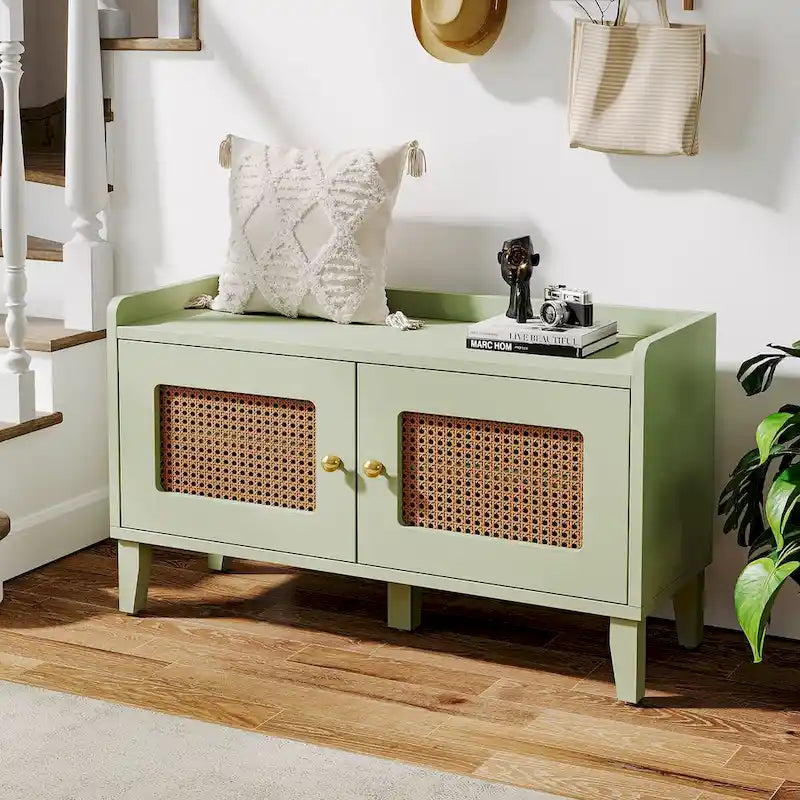 Sage Green Wooden Shoe Storage Bench with Rattan-Style Double Doors