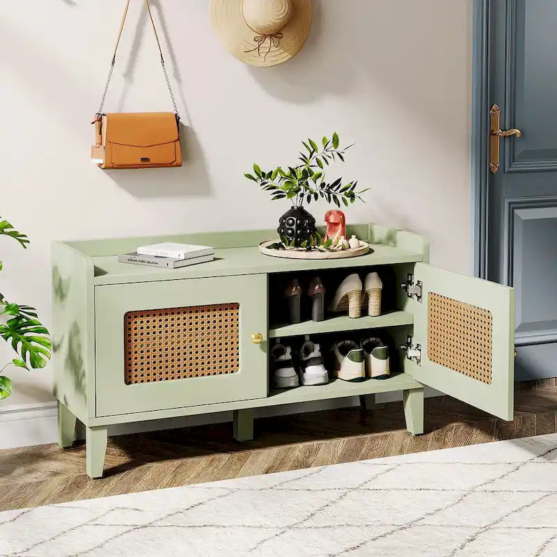 Sage Green Wooden Shoe Storage Bench with Rattan-Style Double Doors
