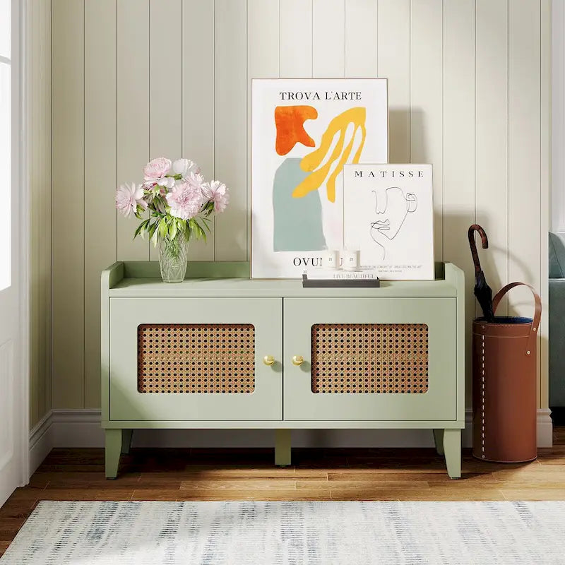 Sage Green Wooden Shoe Storage Bench with Rattan-Style Double Doors