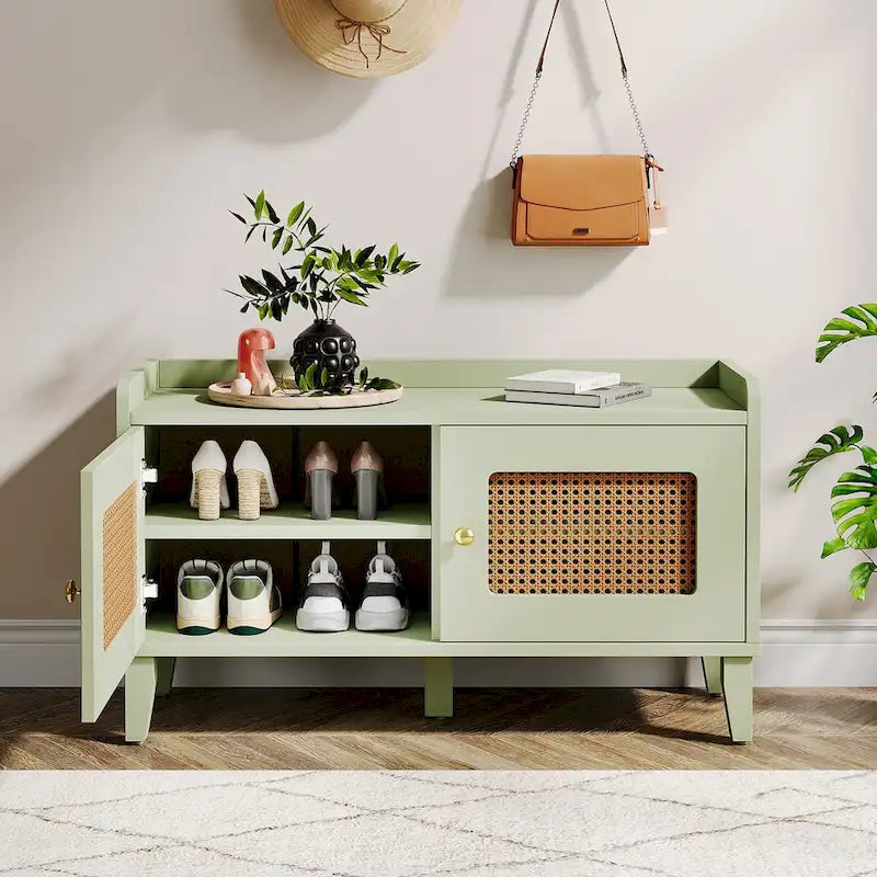 Sage Green Wooden Shoe Storage Bench with Rattan-Style Double Doors