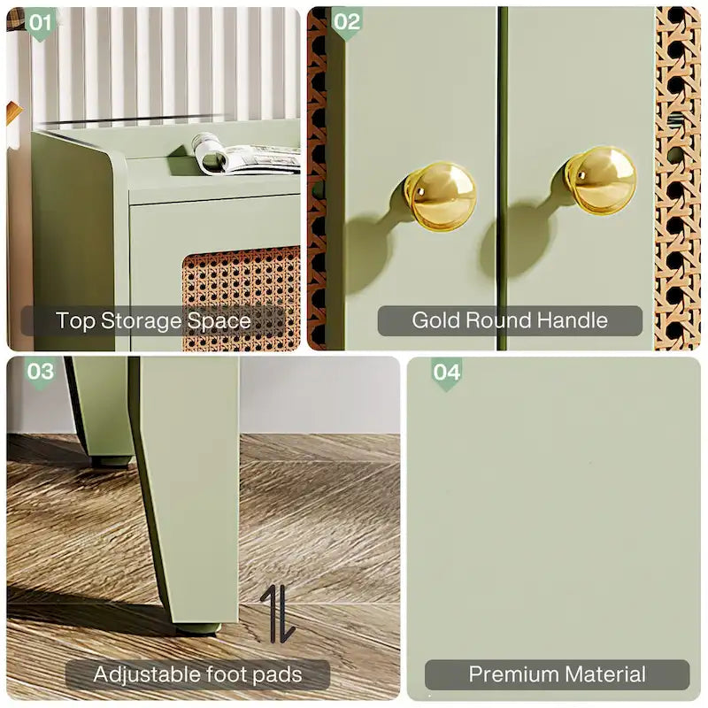 Sage Green Wooden Shoe Storage Bench with Rattan-Style Double Doors