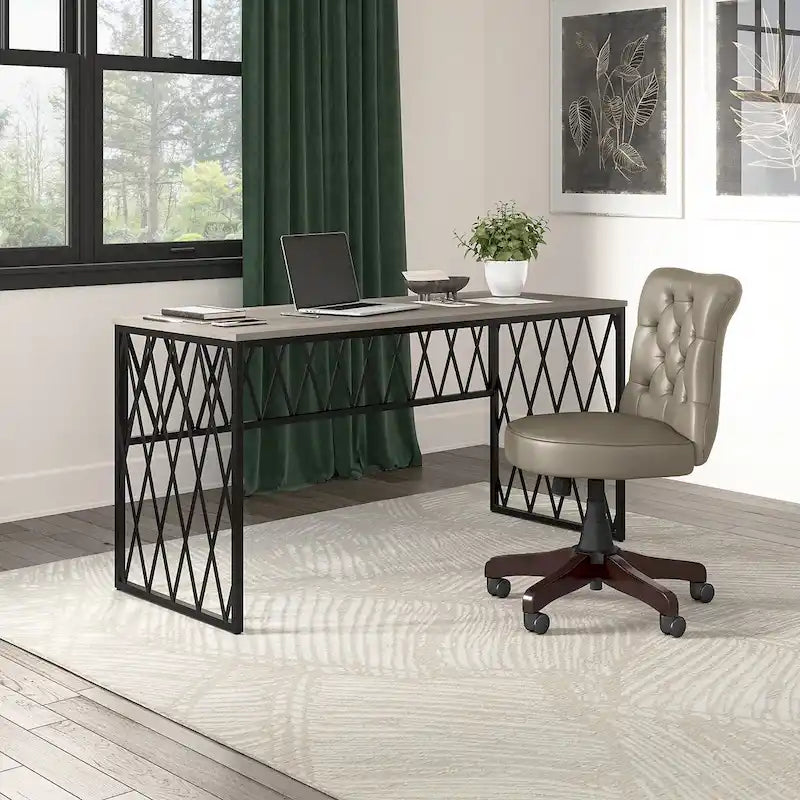 Rustic Gray Writing Desk with Black Metal Diamond Lattice Frame