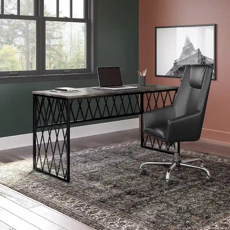 Rustic Gray Writing Desk with Black Metal Diamond Lattice Frame