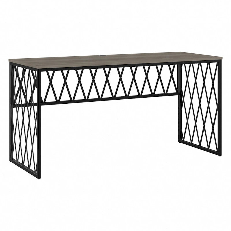 Rustic Gray Writing Desk with Black Metal Diamond Lattice Frame