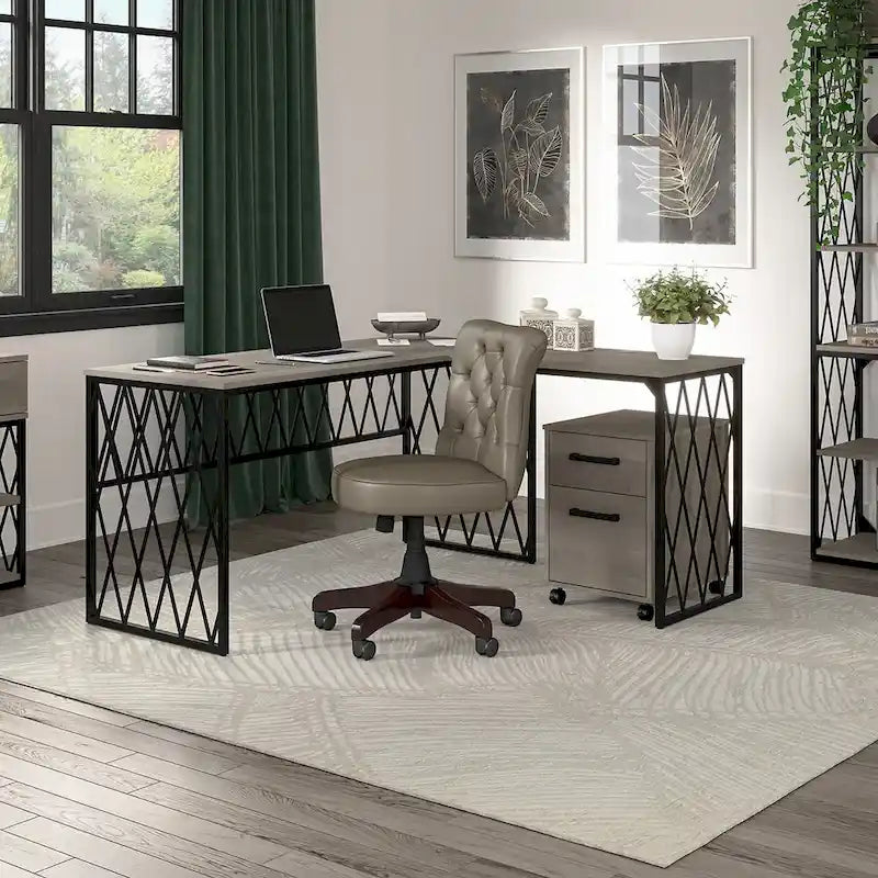 Rustic Gray Writing Desk with Black Metal Diamond Lattice Frame