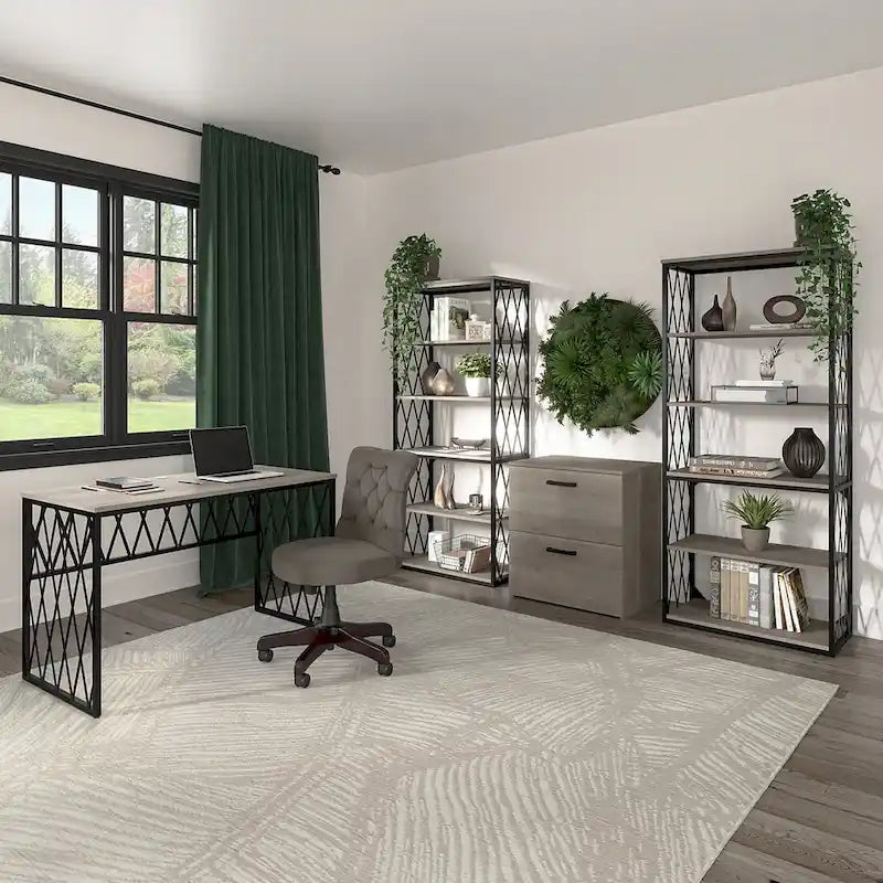 Rustic Gray Writing Desk with Black Metal Diamond Lattice Frame