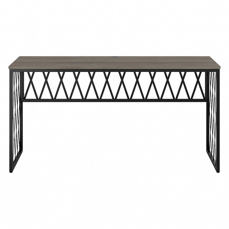 Rustic Gray Writing Desk with Black Metal Diamond Lattice Frame
