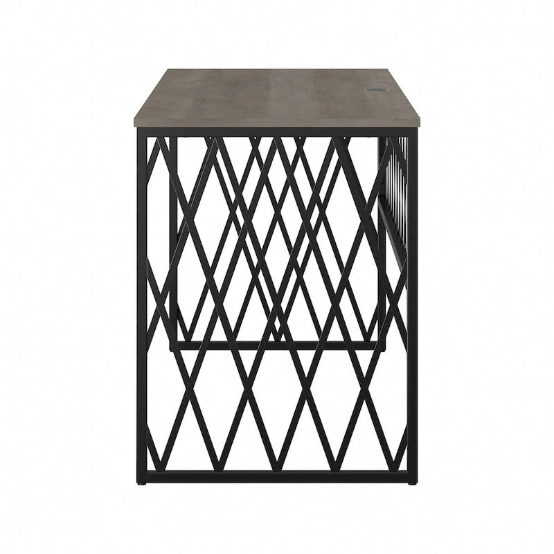 Rustic Gray Writing Desk with Black Metal Diamond Lattice Frame