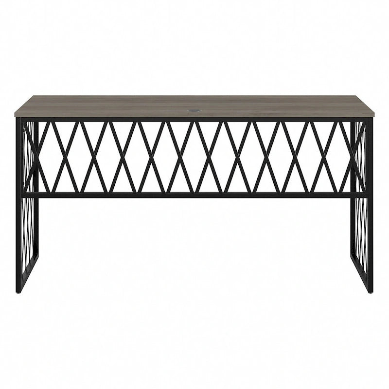 Rustic Gray Writing Desk with Black Metal Diamond Lattice Frame
