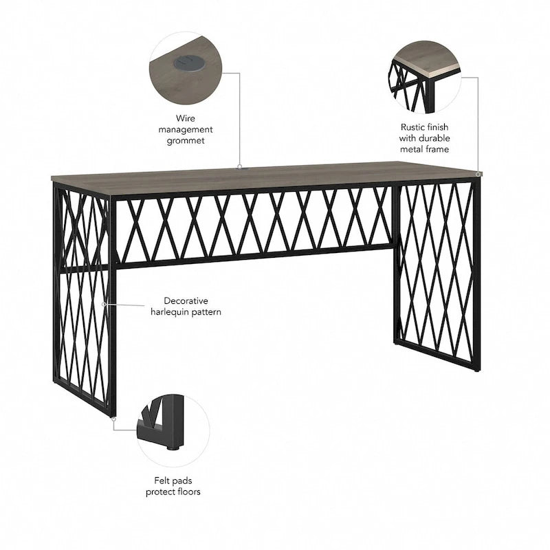 Rustic Gray Writing Desk with Black Metal Diamond Lattice Frame