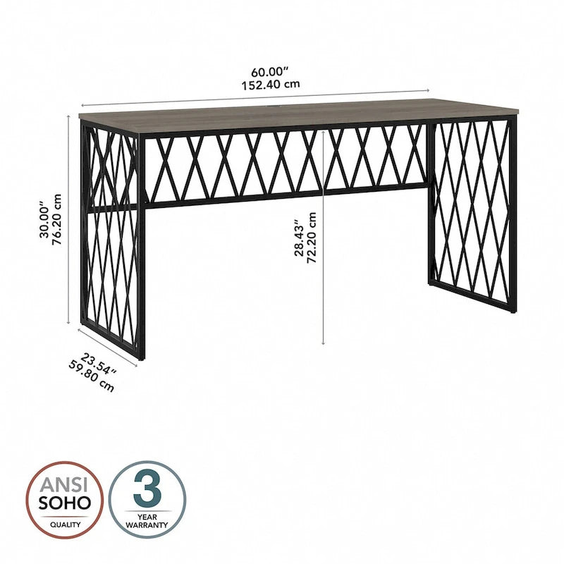 Rustic Gray Writing Desk with Black Metal Diamond Lattice Frame