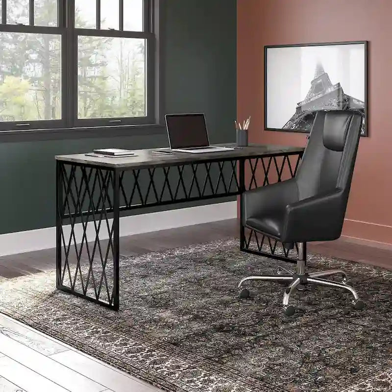 Rustic Gray Writing Desk with Black Metal Diamond Lattice Frame