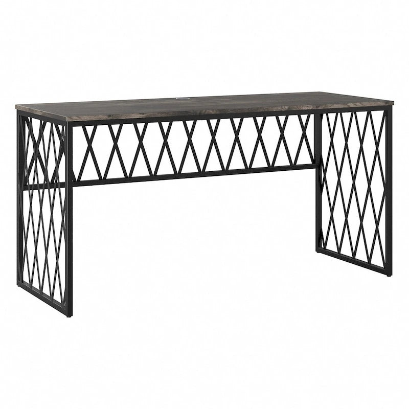 Rustic Gray Writing Desk with Black Metal Diamond Lattice Frame