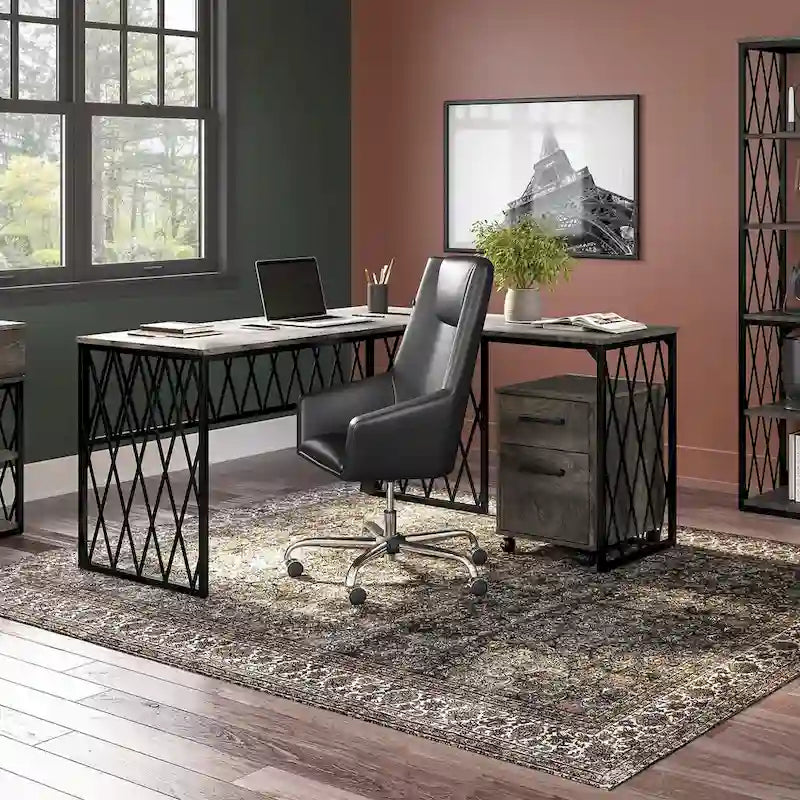 Rustic Gray Writing Desk with Black Metal Diamond Lattice Frame