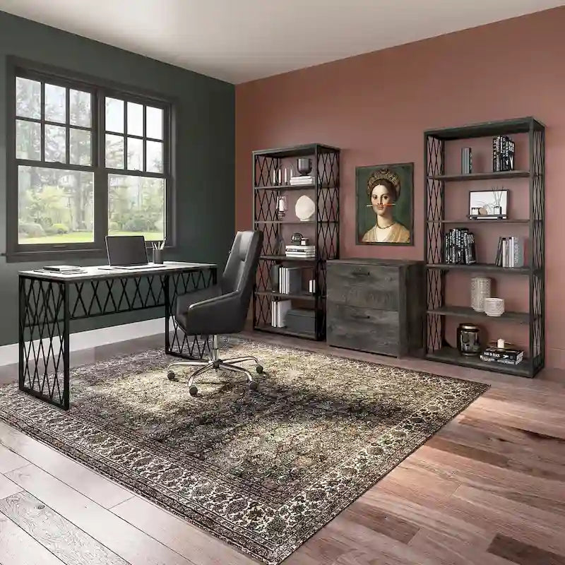 Rustic Gray Writing Desk with Black Metal Diamond Lattice Frame