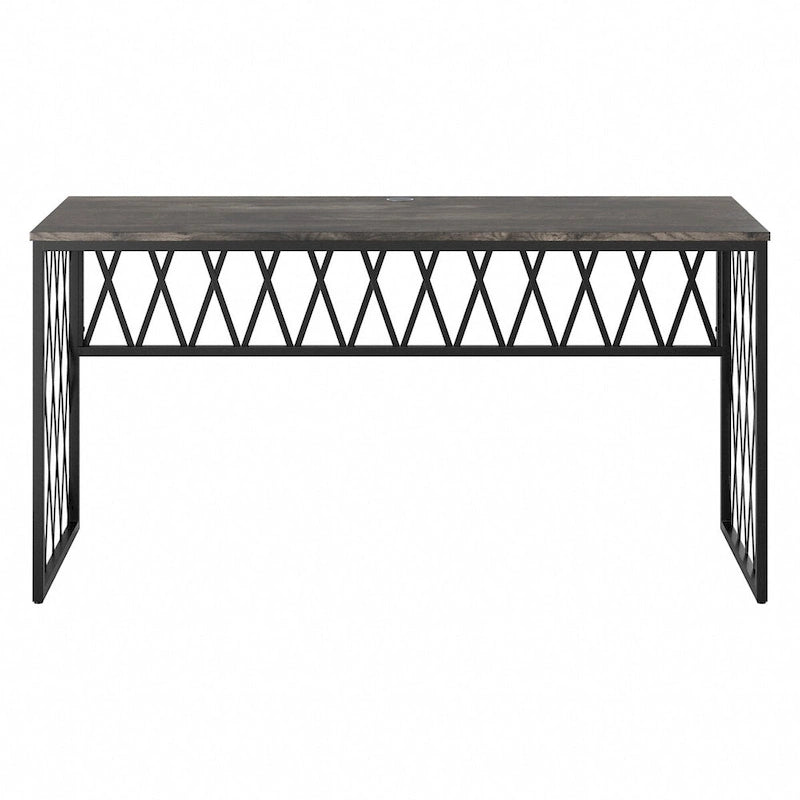 Rustic Gray Writing Desk with Black Metal Diamond Lattice Frame