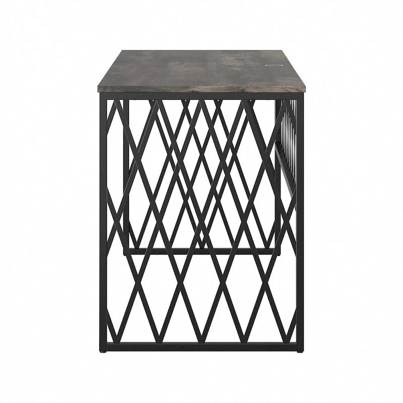 Rustic Gray Writing Desk with Black Metal Diamond Lattice Frame