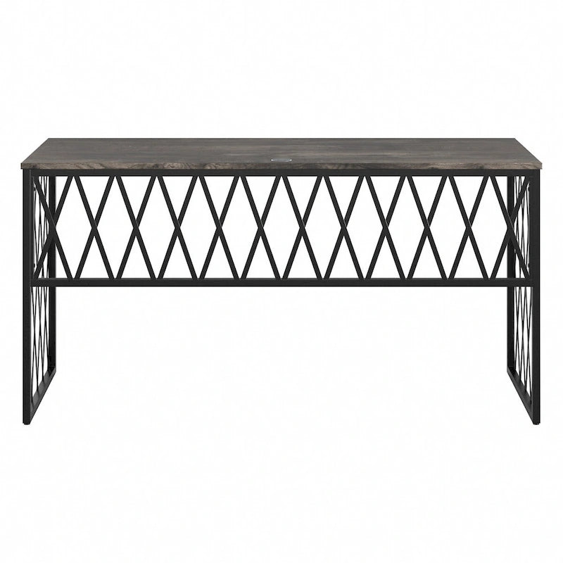 Rustic Gray Writing Desk with Black Metal Diamond Lattice Frame