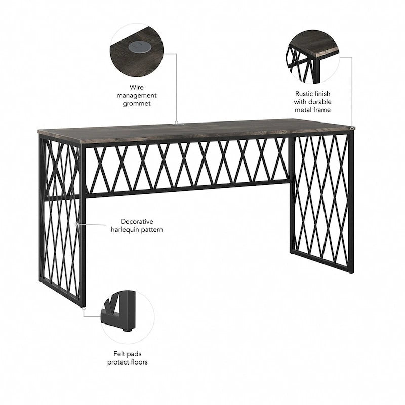Rustic Gray Writing Desk with Black Metal Diamond Lattice Frame