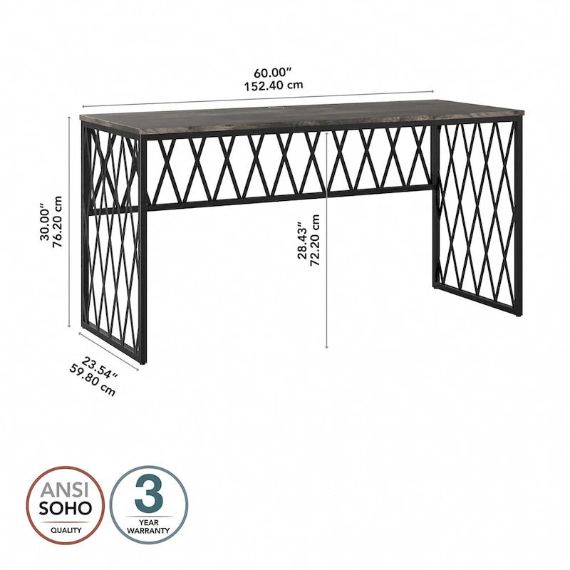 Rustic Gray Writing Desk with Black Metal Diamond Lattice Frame