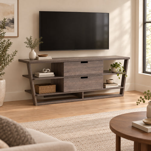 60 Inch TV Media Entertainment Console, 4 Floating Shelves, 2 Drawer, Brown